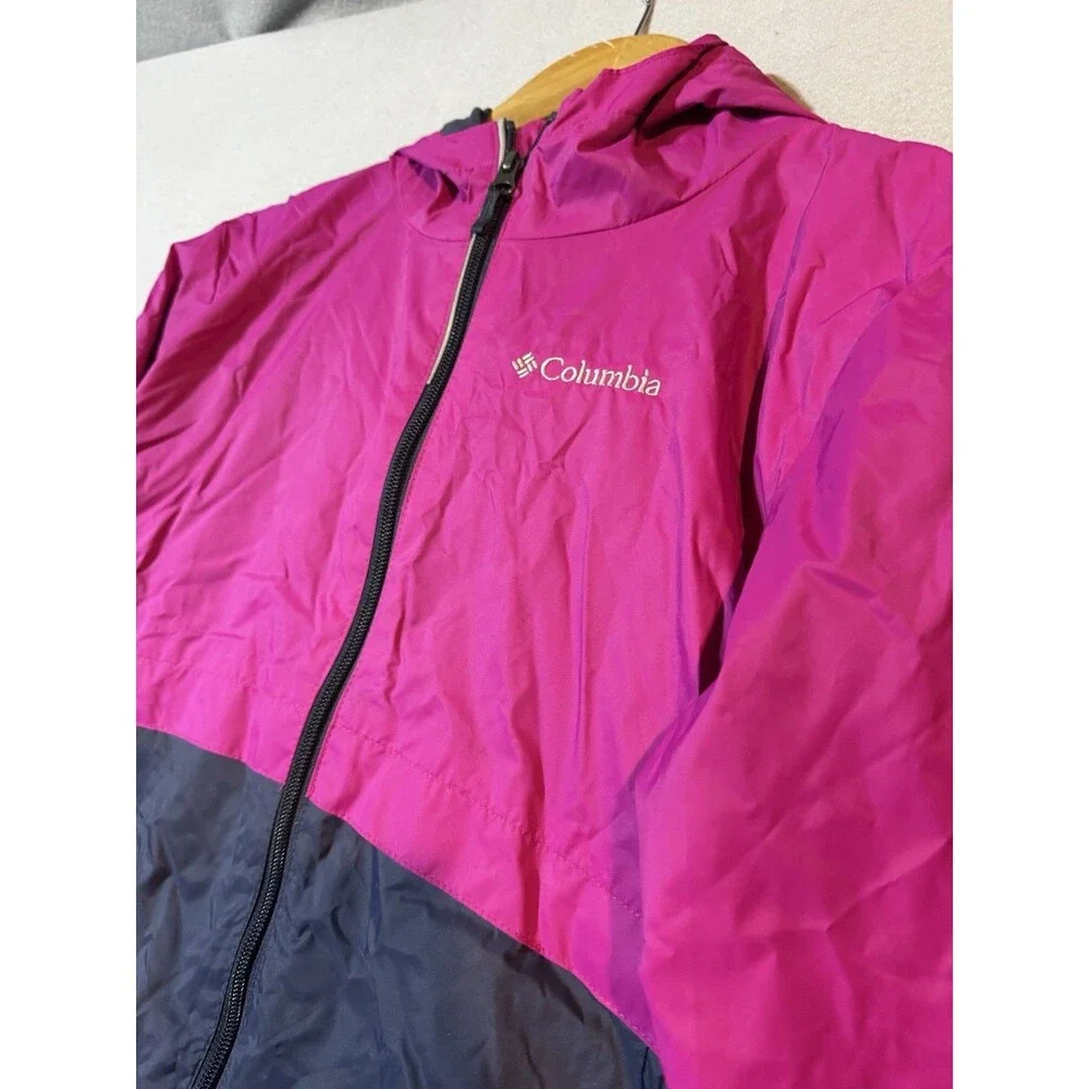Columbia Rain Jacket Girl's L Pink Navy Hooded Full-Zip Windbreaker Outdoor